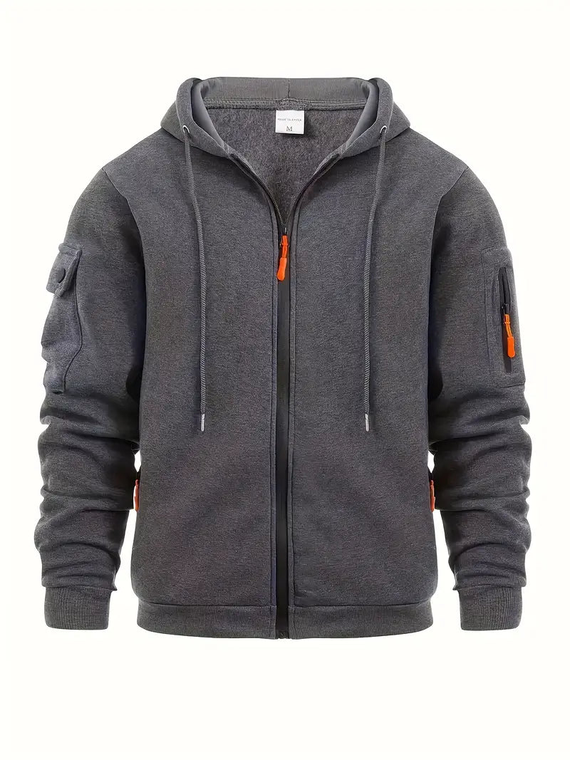 Men's Zip-Up Hoodie with Utility Pockets and Drawstring Hood