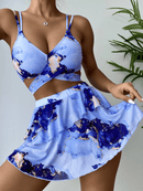 Women's Marble Print Bikini Set with Wrap Top and Skirt Cover-Up