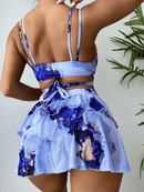 Women's Marble Print Bikini Set with Wrap Top and Skirt Cover-Up
