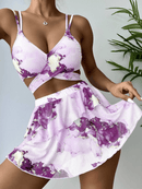 Women's Marble Print Bikini Set with Wrap Top and Skirt Cover-Up