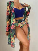 Women's 3-Piece Bikini Set with High-Waisted Bottoms and Sheer Cover-Up