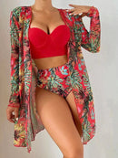 Women's 3-Piece Bikini Set with High-Waisted Bottoms and Sheer Cover-Up