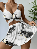 Women's Marble Print Bikini Set with Wrap Top and Skirt Cover-Up