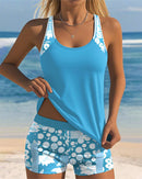 Women's Sporty Bikini Set with Printed Shorts and Racerback Top