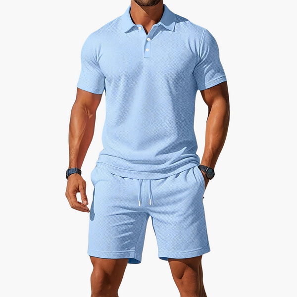 Men's Short Sleeve Polo and Shorts Set with Drawstring Waist