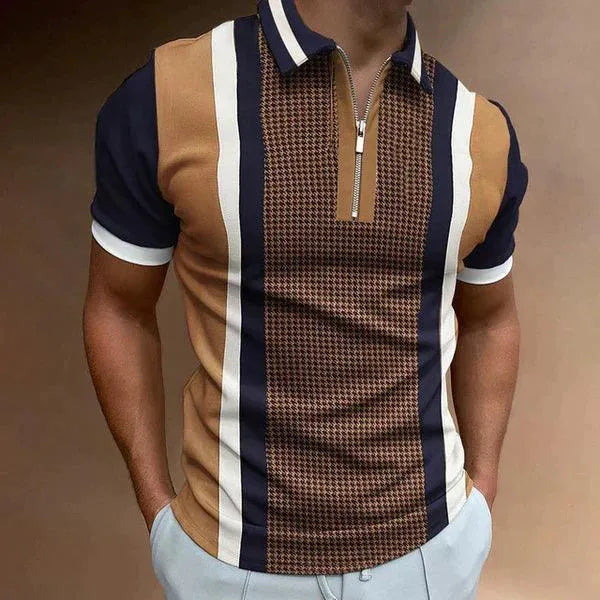 Men's Short Sleeve Polo Shirt with Retro Zip Stripe Design