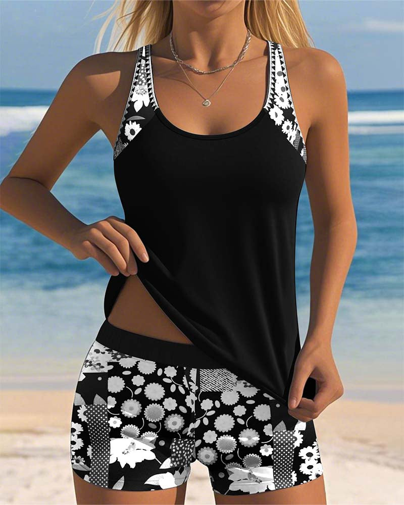 Women's Sporty Bikini Set with Printed Shorts and Racerback Top