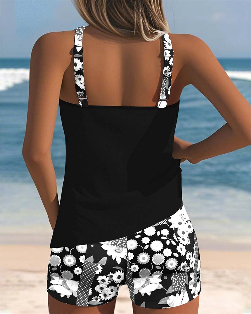 Women's Sporty Bikini Set with Printed Shorts and Racerback Top