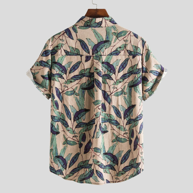 Men's Short-Sleeve Button-Up Shirt with Retro Ethnic Geometric Print