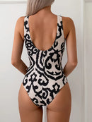 Women's One-Piece Bikini Swimsuit with Abstract Print and Side Drawstring