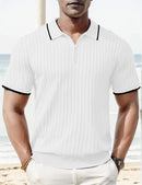 Men's Ribbed Short-Sleeve Zip Polo Shirt with Contrast Trim