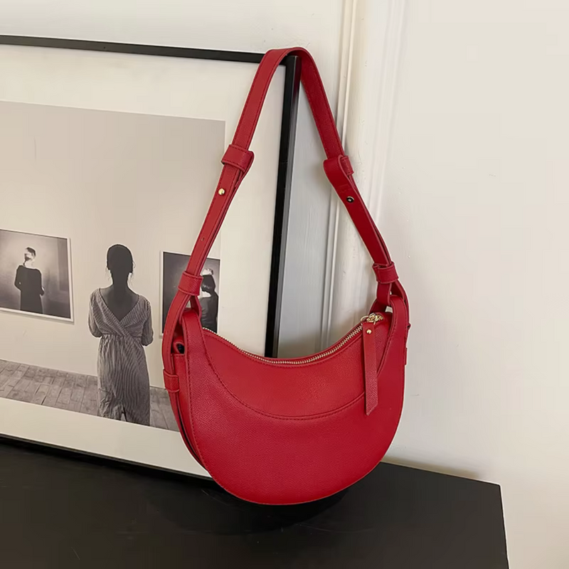 Women's Crescent Shoulder Bag with Zip Pocket and Adjustable Strap
