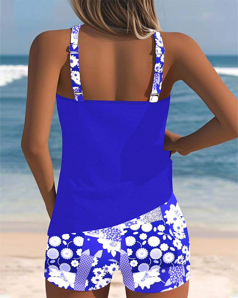 Women's Sporty Bikini Set with Printed Shorts and Racerback Top