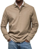 Men's Long Sleeve Polo Shirt with Button Collar and Cuffed Hem