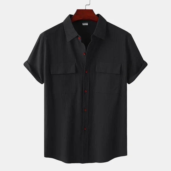 Men's Short-Sleeve Casual Shirt with Front Pockets and Button Closure