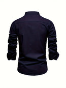 Men's Long-Sleeve Button-Up Shirt with Mandarin Collar and Logo