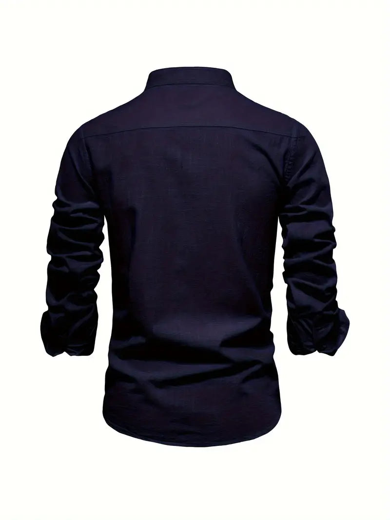 Men's Long-Sleeve Button-Up Shirt with Mandarin Collar and Logo