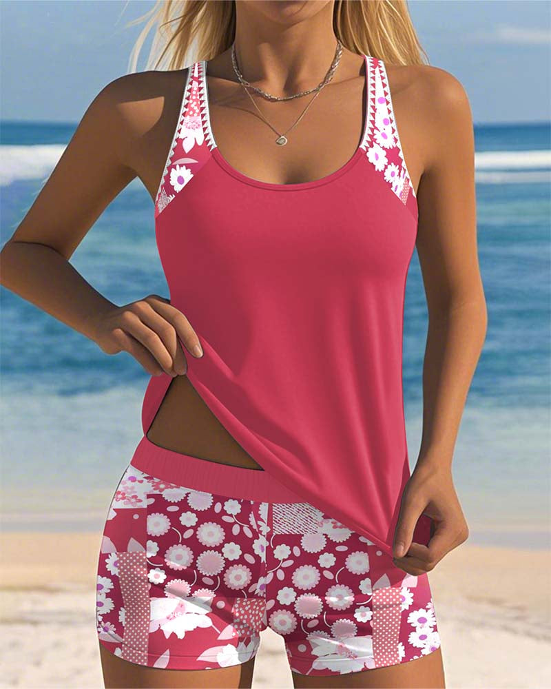 Women's Sporty Bikini Set with Printed Shorts and Racerback Top