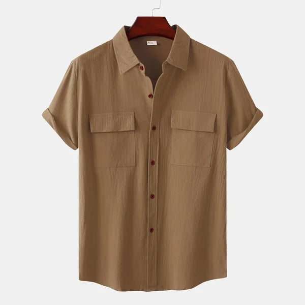 Men's Short-Sleeve Casual Shirt with Front Pockets and Button Closure