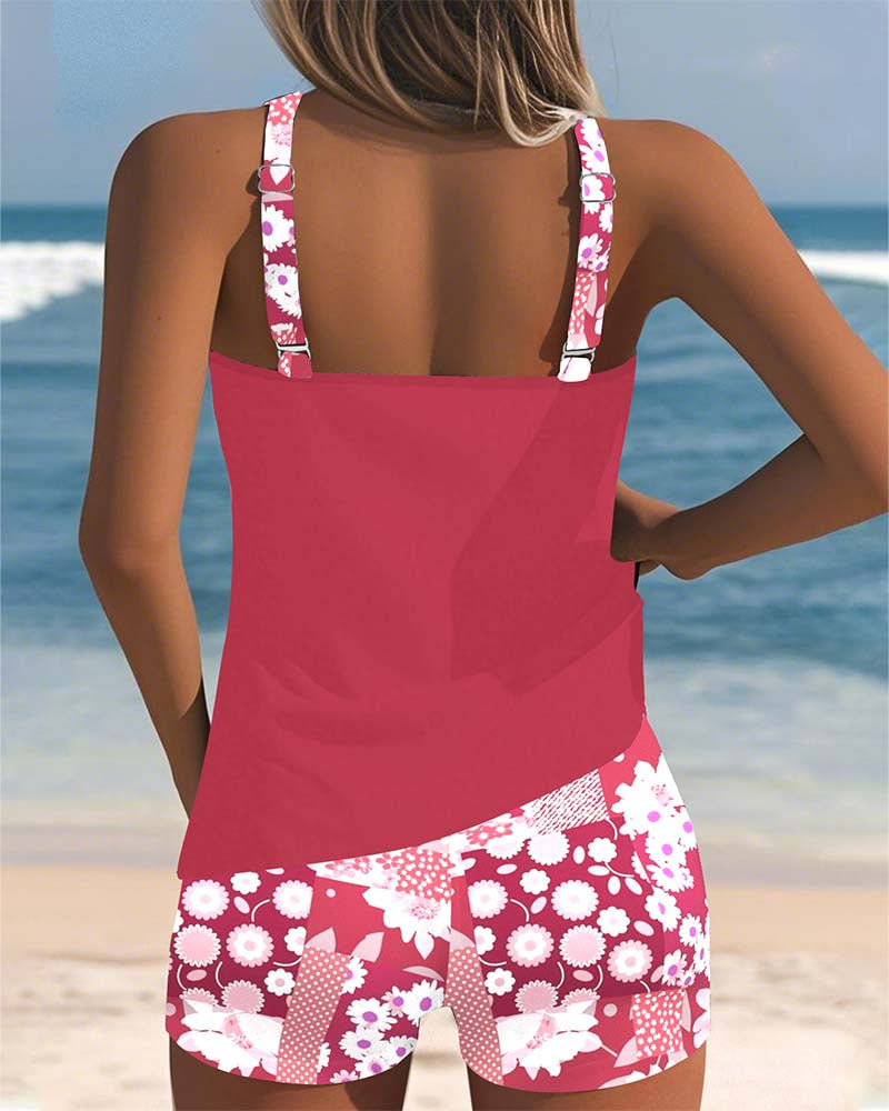 Women's Sporty Bikini Set with Printed Shorts and Racerback Top