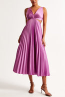 Elegant V-Neck Pleated Skirt Dress for Women