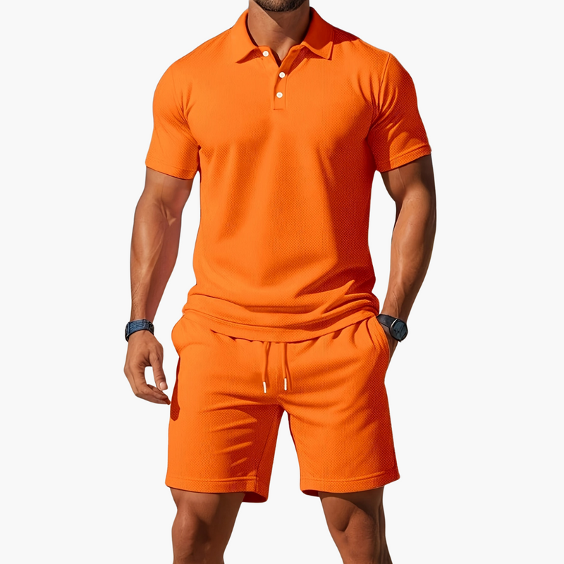 Men's Short Sleeve Polo and Shorts Set with Drawstring Waist
