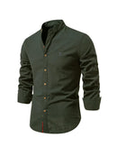 Men's Long-Sleeve Button-Up Shirt with Mandarin Collar and Logo