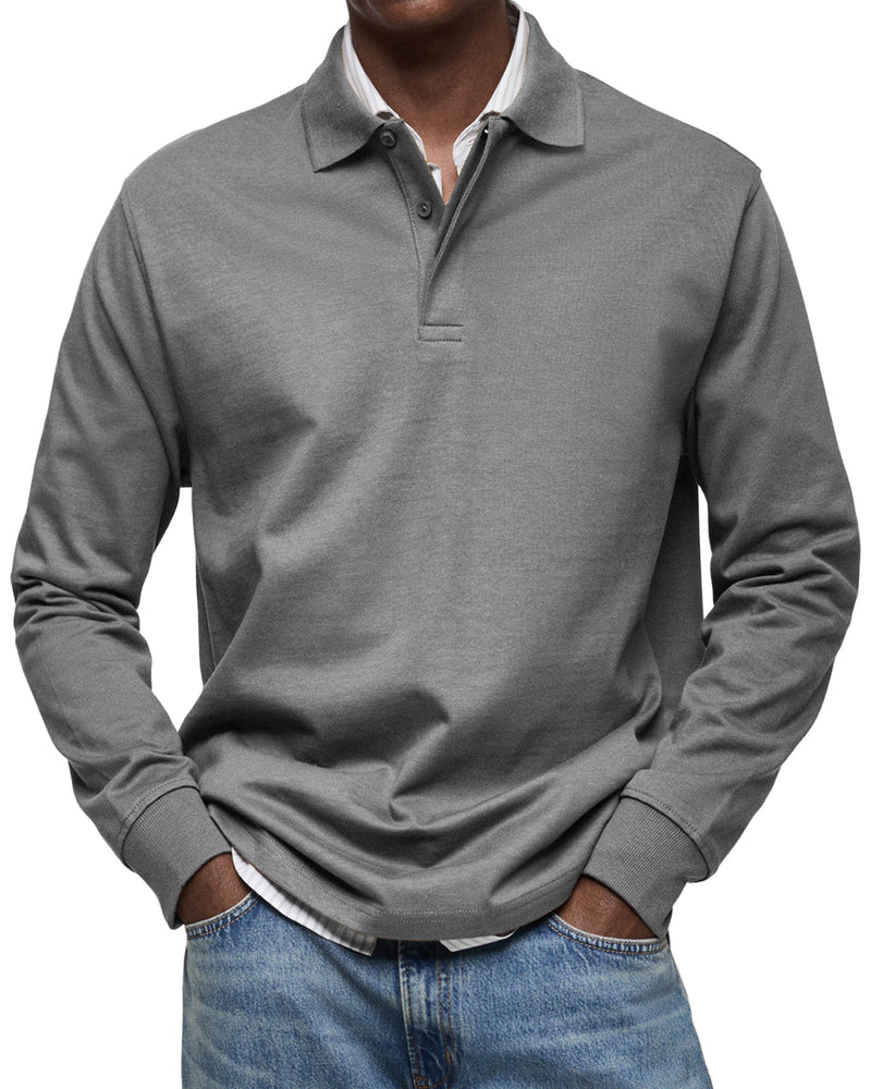 Men's Long Sleeve Polo Shirt with Button Collar and Cuffed Hem
