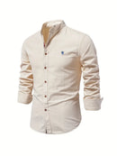 Men's Long-Sleeve Button-Up Shirt with Mandarin Collar and Logo