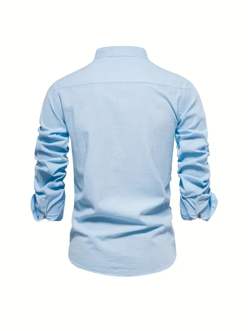 Men's Long-Sleeve Button-Up Shirt with Mandarin Collar and Logo