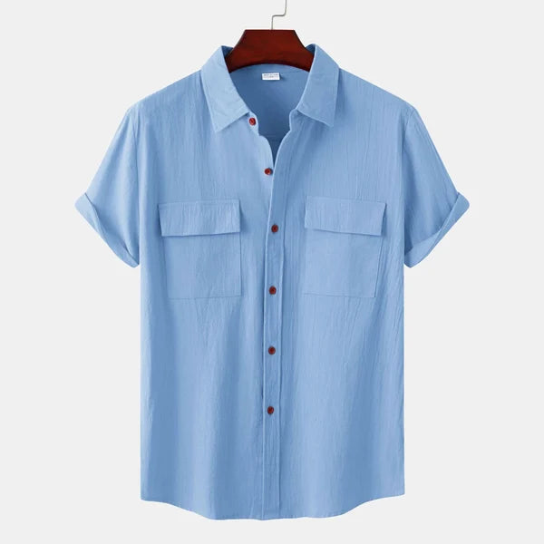 Men's Short-Sleeve Casual Shirt with Front Pockets and Button Closure