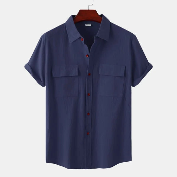 Men's Short-Sleeve Casual Shirt with Front Pockets and Button Closure