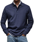 Men's Long Sleeve Polo Shirt with Button Collar and Cuffed Hem