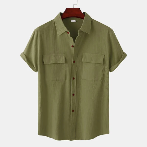 Men's Short-Sleeve Casual Shirt with Front Pockets and Button Closure