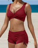 Women's Two-Piece Bikini Set with Ruched Shorts and Wrap Top