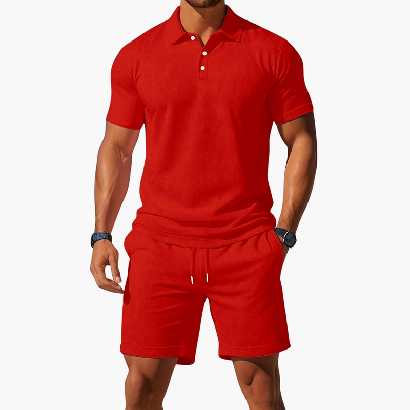 Men's Short Sleeve Polo and Shorts Set with Drawstring Waist