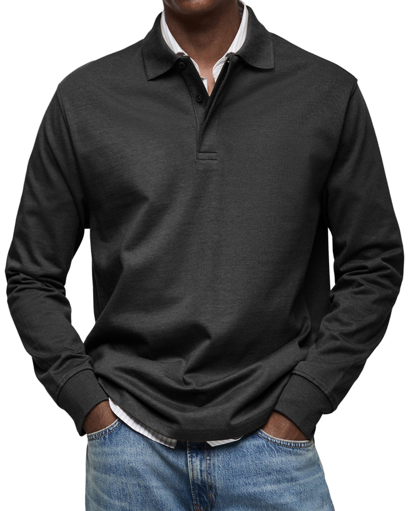 Men's Long Sleeve Polo Shirt with Button Collar and Cuffed Hem