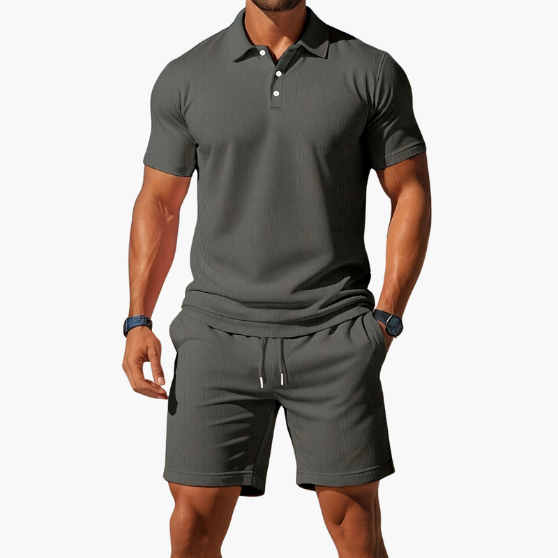 Men's Short Sleeve Polo and Shorts Set with Drawstring Waist