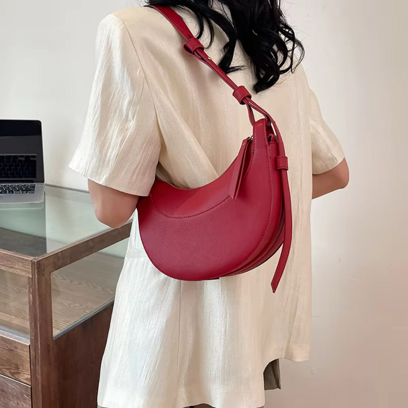 Women's Crescent Shoulder Bag with Zip Pocket and Adjustable Strap