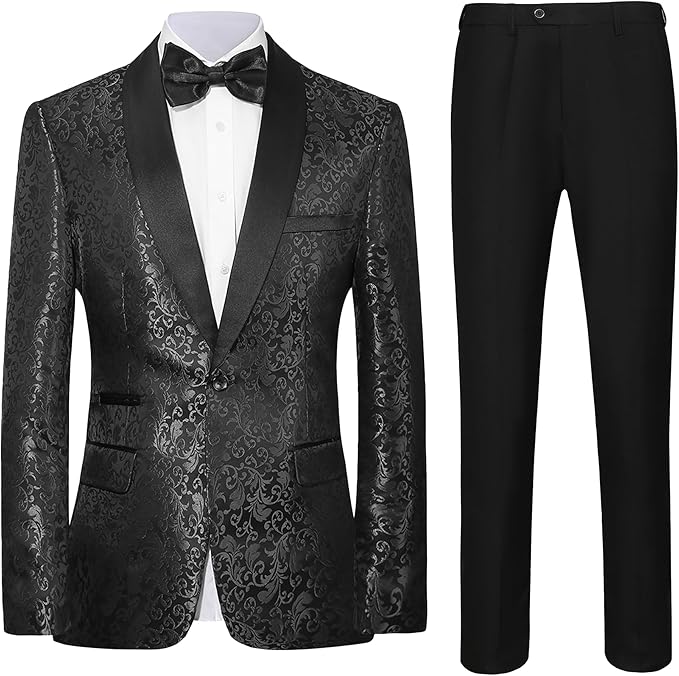 Men's Tuxedo Suit with Shiny Lapel and Patterned Blazer Two Piece Set