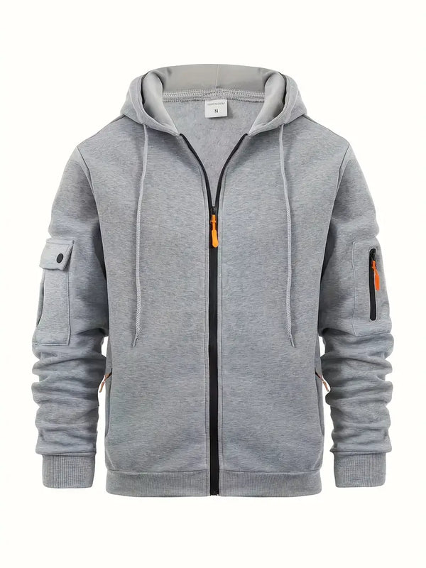 Men's Zip-Up Hoodie with Utility Pockets and Drawstring Hood