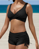 Women's Two-Piece Bikini Set with Ruched Shorts and Wrap Top