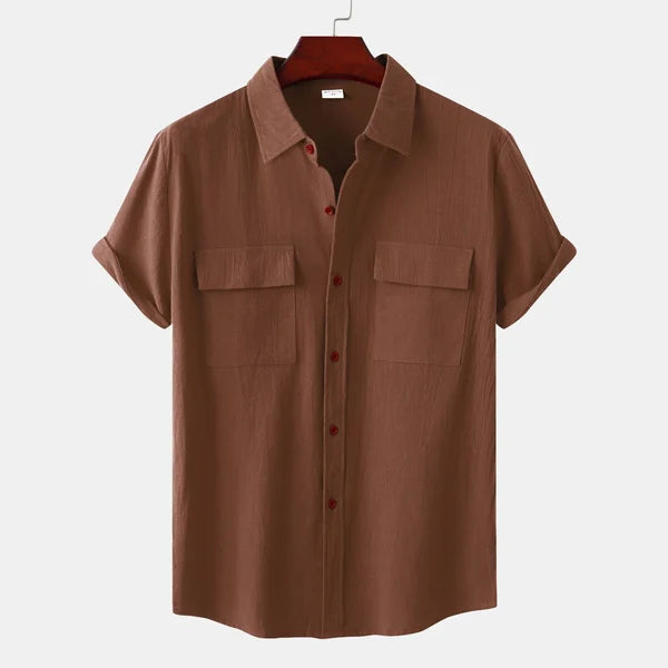 Men's Short-Sleeve Casual Shirt with Front Pockets and Button Closure