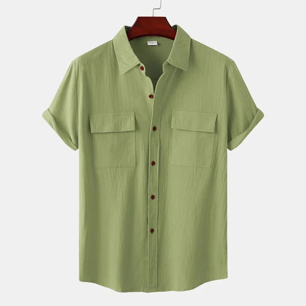 Men's Short-Sleeve Casual Shirt with Front Pockets and Button Closure