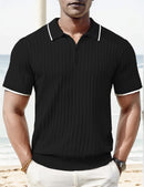 Men's Ribbed Short-Sleeve Zip Polo Shirt with Contrast Trim