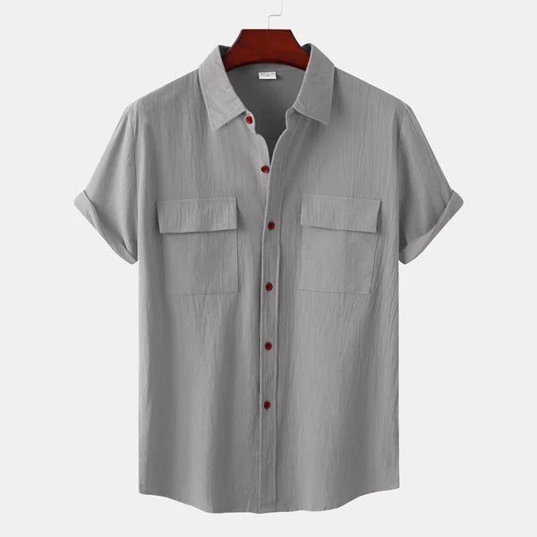 Men's Short-Sleeve Casual Shirt with Front Pockets and Button Closure