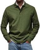 Men's Long Sleeve Polo Shirt with Button Collar and Cuffed Hem