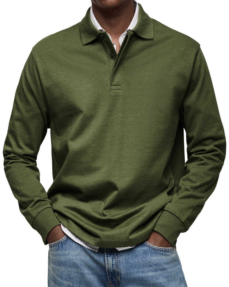 Men's Long Sleeve Polo Shirt with Button Collar and Cuffed Hem