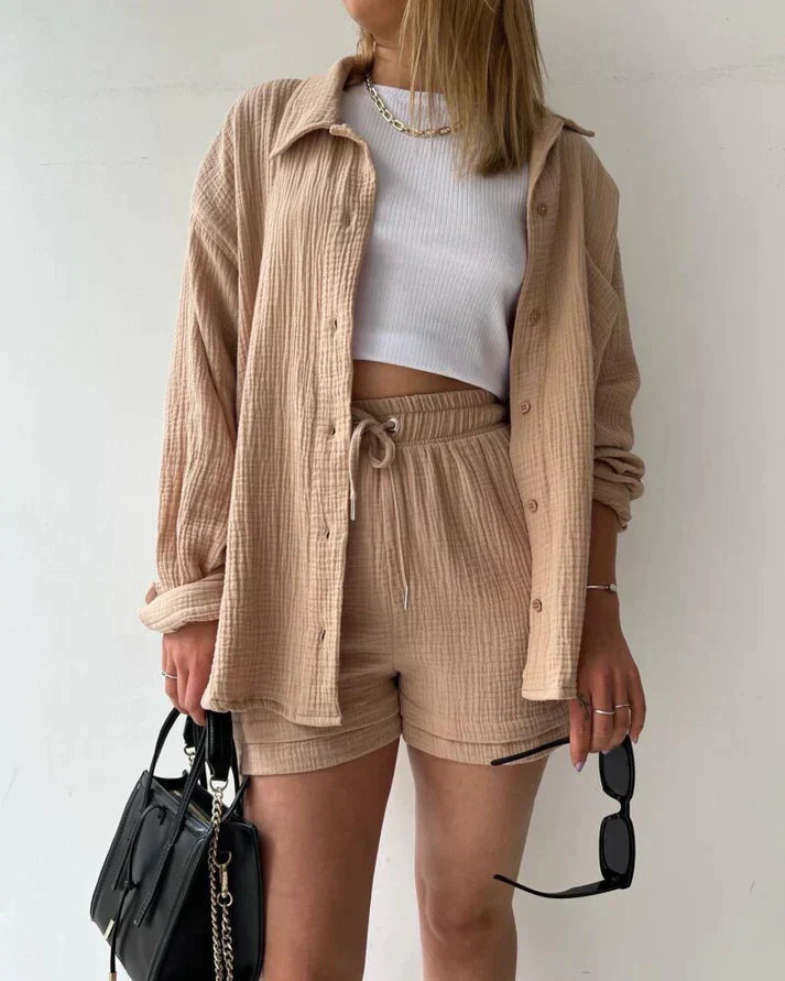 Women's Two-Piece Shorts Set with Button-Down Shirt