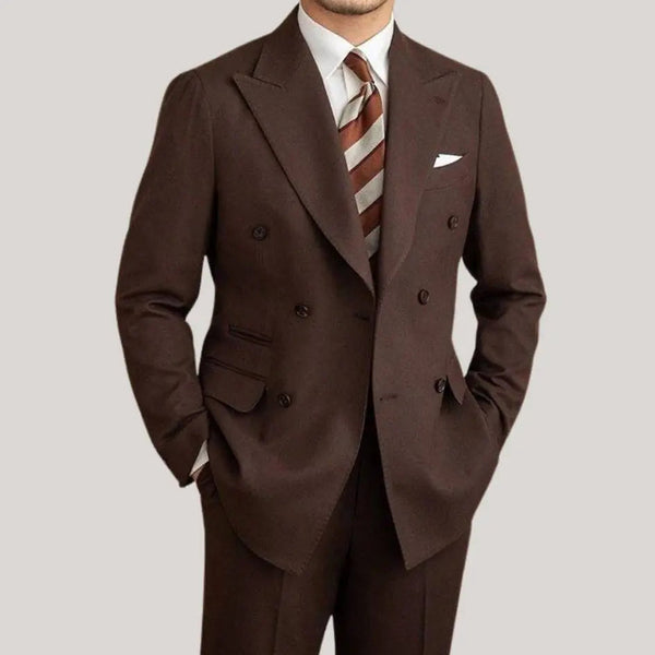 Men's Double Breasted Two Piece Suit Set with Peak Lapel Jacket and Trousers